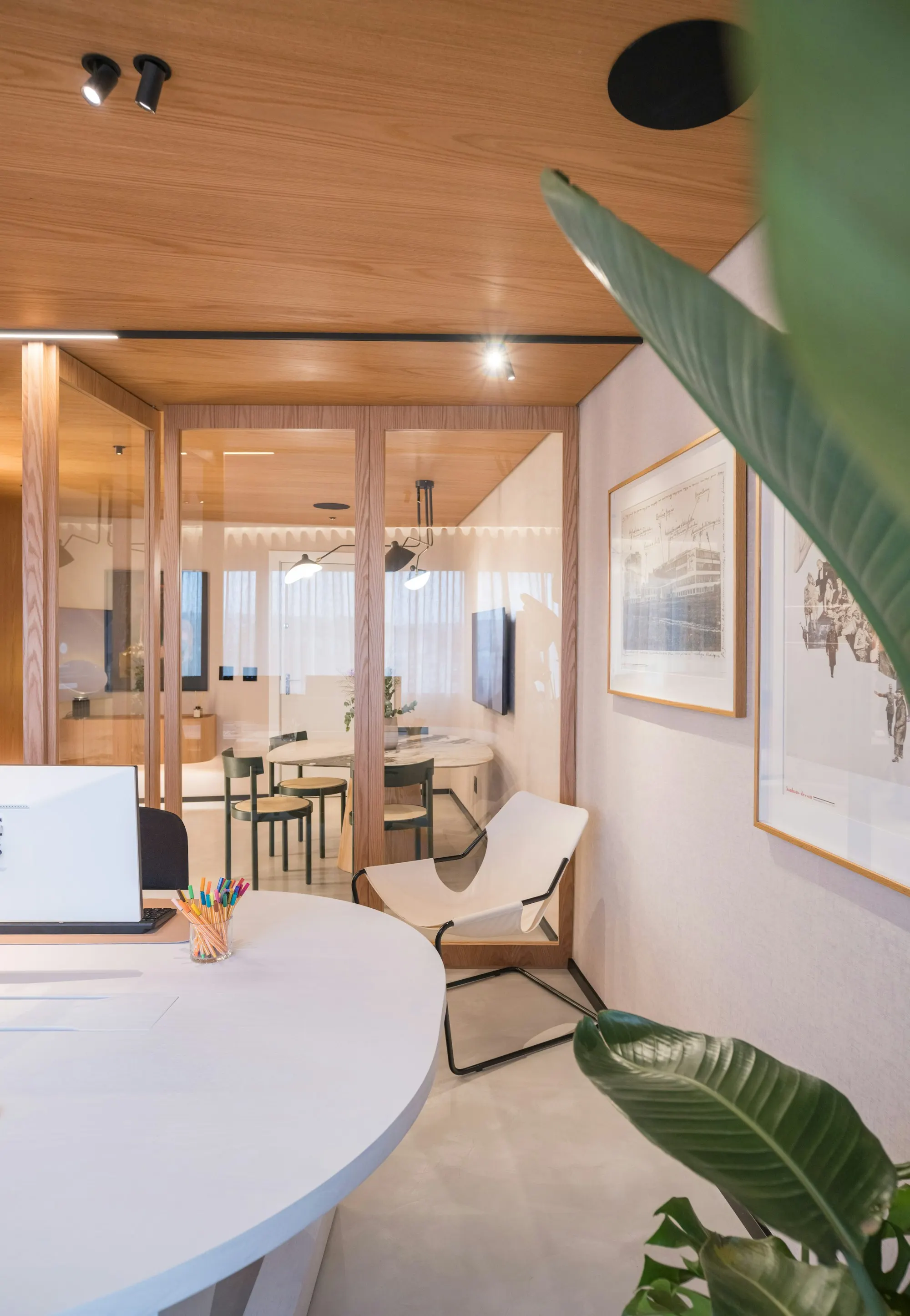 Sunlit coworking interior with glass partitions and plants